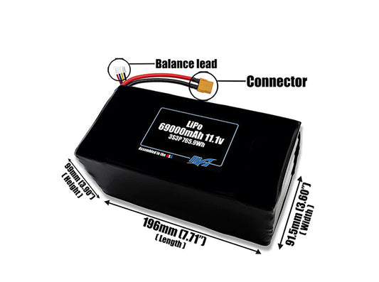 Size reference photo of the 69000mAh 11.1V LiPo pack showing 196 mm by 91.5 mm by 99 mm dimensions ideal for drones or large robotic systems where space matters.