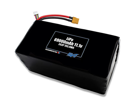 Compact 11.1-volt 69000mAh lithium-polymer battery, built for lightweight drone, UAV, and robotics projects.