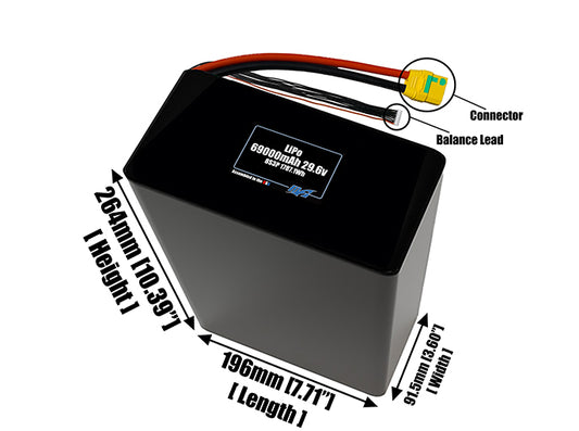 Size reference photo of the 69000mAh 29.6V LiPo pack showing 196 mm by 91.5 mm by 264 mm dimensions ideal for drones or large robotic systems where space matters.