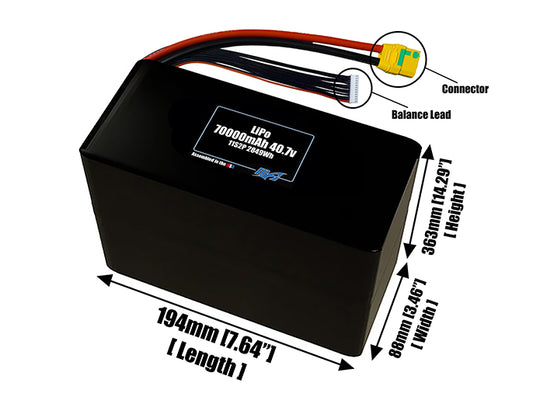 Size reference photo of the 70000mAh 40.7v LiPo pack showing 194mm by 88mm by 363mm dimensions ideal for drones or large robotic systems where space matters.