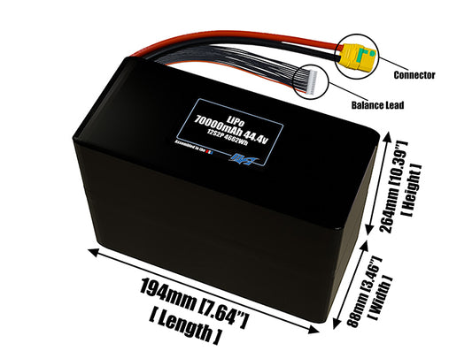 Size reference photo of the 70000mAh 44.4V LiPo pack showing 194 mm by 88 mm by 264 mm dimensions ideal for drones or large robotic systems where space matters.