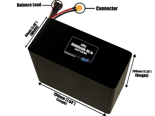 Size reference photo of the 70000mAh 48.1V LiPo pack showing 194 mm by 88 mm by 286 mm dimensions ideal for drones or large robotic systems where space matters.
