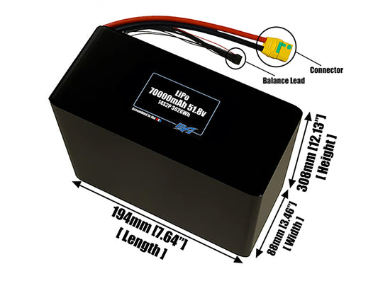 Size reference photo of the 70000mAh 51.8V LiPo pack showing 194 mm by 88 mm by 308 mm dimensions ideal for drones or large robotic systems where space matters.