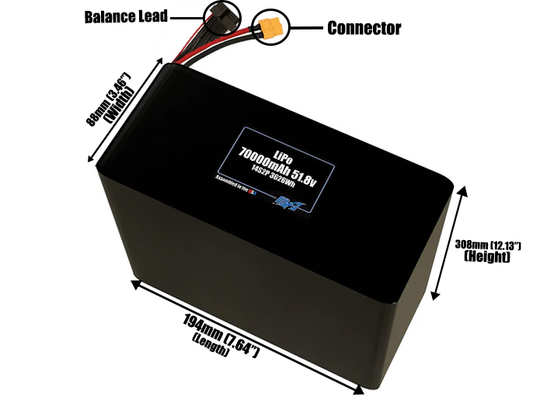 Size reference photo of the 70000mAh 51.8V LiPo pack showing 194 mm by 88 mm by 308 mm dimensions ideal for drones or large robotic systems where space matters.
