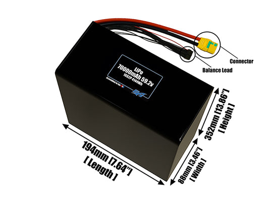 Size reference photo of the 70000mAh 59.2V LiPo pack showing 194 mm by 88 mm by 352 mm dimensions ideal for drones or large robotic systems where space matters.