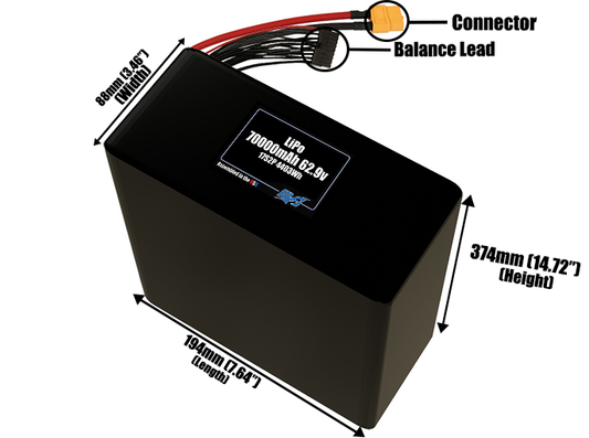 Size reference photo of the 70000mAh 62.9V LiPo pack showing 194 mm by 88 mm by 374 mm dimensions ideal for drones or large robotic systems where space matters.