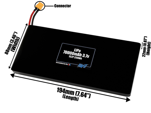 Size reference photo of the 70000mAh 3.7V LiPo pack showing 194 mm by 88 mm by 8 mm dimensions ideal for drones or large robotic systems where space matters.