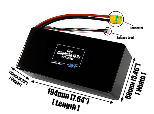Size reference photo of the 70000mAh 18.5V LiPo pack showing 194 mm by 88 mm by 110 mm dimensions ideal for drones or large robotic systems where space matters.