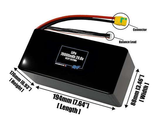 Size reference photo of the 70000mAh 33.3V LiPo pack showing 194 mm by 88 mm by 176 mm dimensions ideal for drones or large robotic systems where space matters.