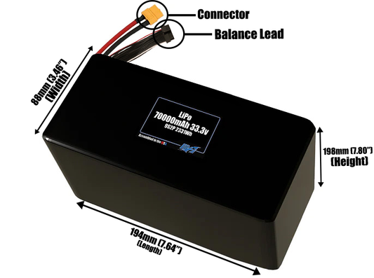 Size reference photo of the 70000mAh 33.3V LiPo pack showing 194 mm by 88 mm by 198 mm dimensions ideal for drones or large robotic systems where space matters.