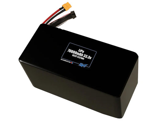 Compact 33.3-volt 70000mAh lithium-polymer battery, built for lightweight drone, UAV, and robotics projects.