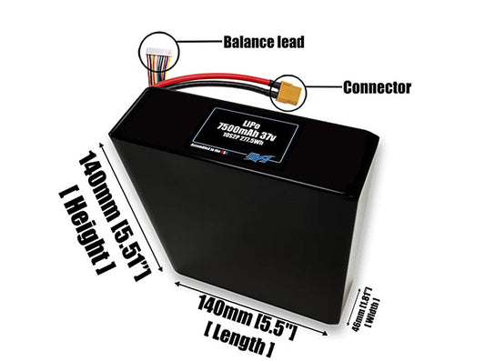 Size reference photo of the 7500mAh 37V LiPo pack showing 140 mm by 46 mm by 140 mm dimensions ideal for drones or robotic systems where space matters.