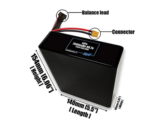 Size reference photo of the 7500mAh 40.7V LiPo pack showing 140 mm by 46 mm by 154 mm dimensions ideal for drones or robotic systems where space matters.