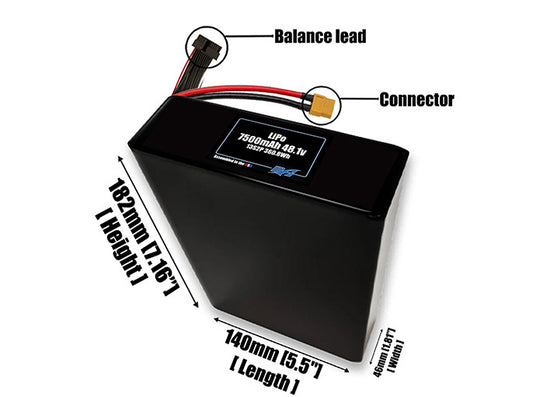 Size reference photo of the 7500mAh 48.1V LiPo pack showing 140 mm by 46 mm by 182 mm dimensions ideal for drones or robotic systems where space matters.