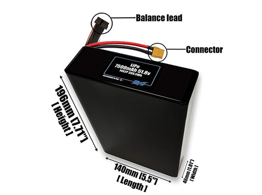 Size reference photo of the 7500mAh 51.8V LiPo pack showing 140 mm by 46 mm by 196 mm dimensions ideal for drones or robotic systems where space matters.