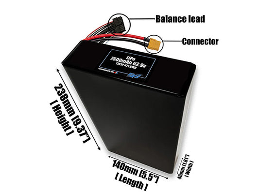 Size reference photo of the 7500mAh 62.9V LiPo pack showing 140 mm by 46 mm by 238 mm dimensions ideal for drones or robotic systems where space matters.