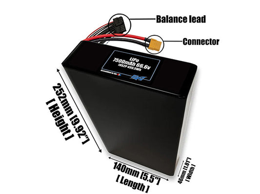 Size reference photo of the 7500mAh 66.6V LiPo pack showing 140 mm by 46 mm by 252 mm dimensions ideal for drones or robotic systems where space matters.