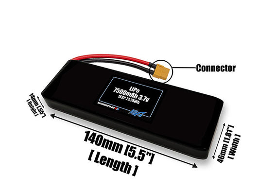 Size reference photo of the 7500mAh 3.7V LiPo pack showing 140 mm by 46 mm by 14 mm dimensions ideal for drones or robotic systems where space matters.