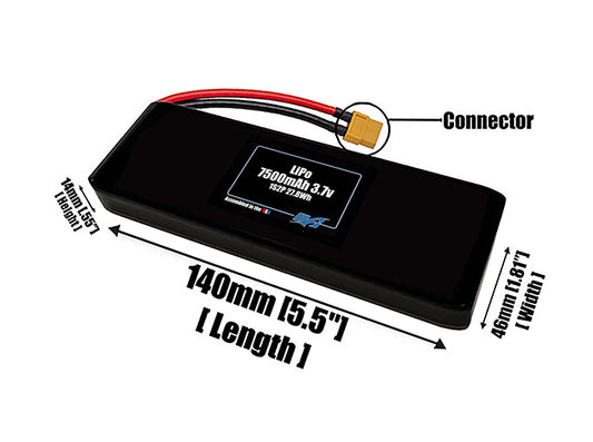 Size reference photo of the 7500mAh 3.7V LiPo pack showing 140 mm by 46 mm by 14 mm dimensions ideal for drones or robotic systems where space matters.