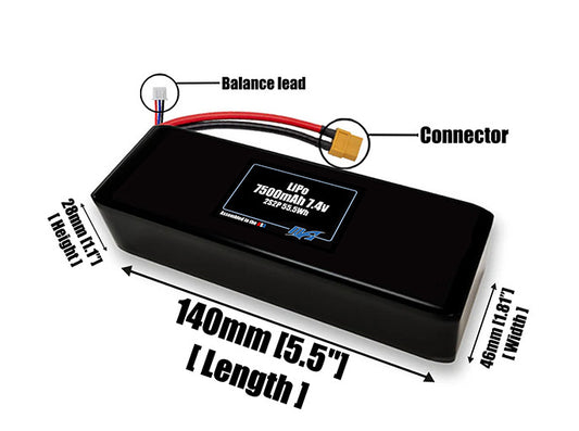 Size reference photo of the 7500mAh 7.4V LiPo pack showing 140 mm by 46 mm by 28 mm dimensions ideal for drones or robotic systems where space matters.