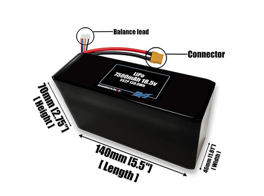 Size reference photo of the 7500mAh 18.5V LiPo pack showing 140 mm by 46 mm by 70 mm dimensions ideal for drones or robotic systems where space matters.