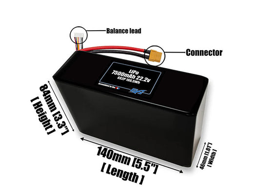Size reference photo of the 7500mAh 22.2V LiPo pack showing 140 mm by 46 mm by 84 mm dimensions ideal for drones or robotic systems where space matters.