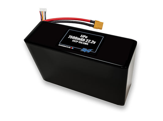 Compact 22.2-volt 7500mAh lithium-polymer battery, built for lightweight drone, UAV, and robotics projects.