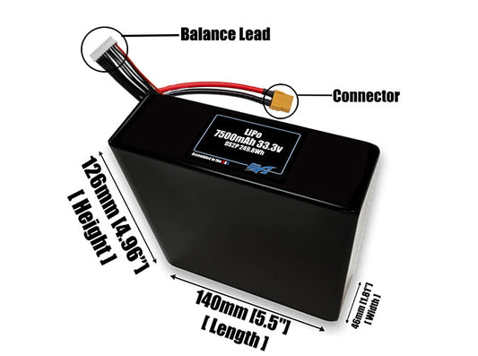 Size reference photo of the 7500mAh 33.3V LiPo pack showing 140 mm by 46 mm by 126 mm dimensions ideal for drones or robotic systems where space matters.