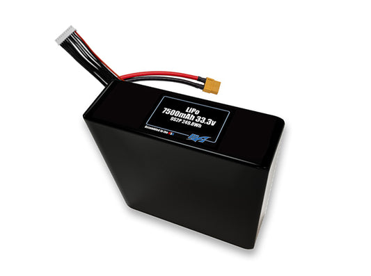 Compact 33.3-volt 7500mAh lithium-polymer battery, built for lightweight drone, UAV, and robotics projects.
