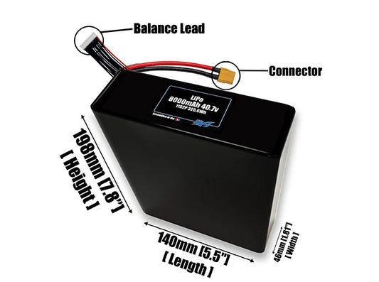 Size reference photo of the 8000mAh 40.7V LiPo pack showing 140 mm by 46 mm by 198 mm dimensions ideal for drones or robotic systems where space matters.