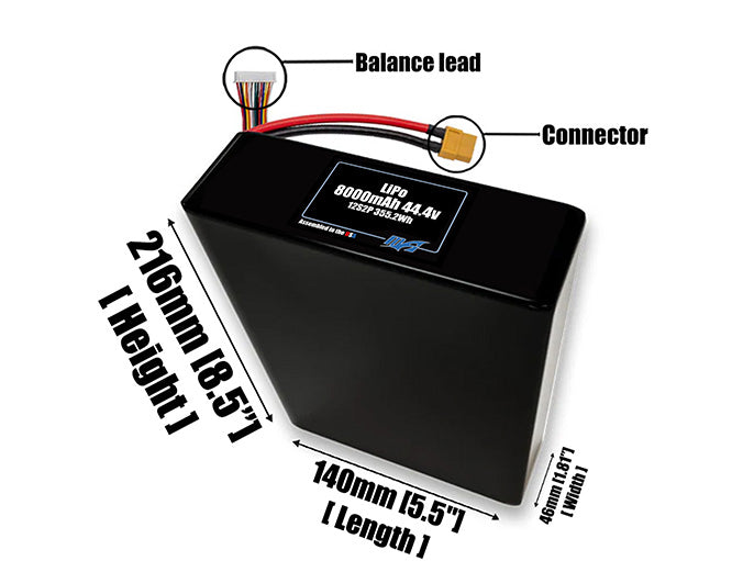 Size reference photo of the 8000mAh 44.4V LiPo pack showing 140 mm by 46 mm by 216 mm dimensions ideal for drones or robotic systems where space matters.