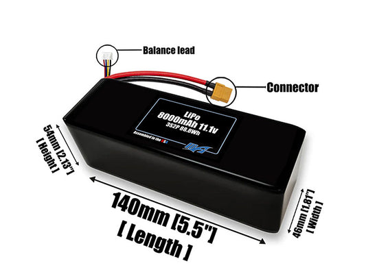 Size reference photo of the 8000mAh 11.1V LiPo pack showing 140 mm by 46 mm by 54 mm dimensions ideal for drones or robotic systems where space matters.