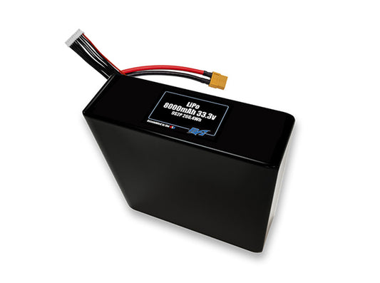Compact 33.3-volt 8000mAh lithium-polymer battery, built for lightweight drone, UAV, and robotics projects.