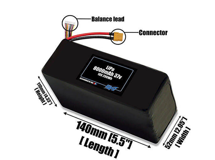 Size reference photo of the 8000mAh lite 37V LiPo pack showing 140 mm by 52 mm by 110 mm dimensions ideal for drones or robotic systems where space matters.