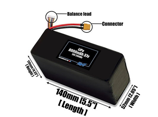 Size reference photo of the 8000mAh lite 37V LiPo pack showing 140 mm by 52 mm by 110 mm dimensions ideal for drones or robotic systems where space matters.