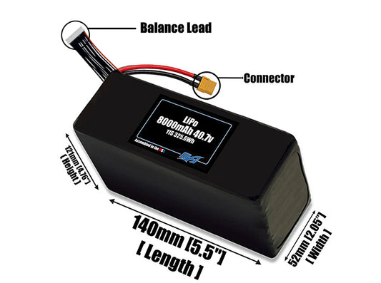 Size reference photo of the 8000mAh lite 40.7V LiPo pack showing 140 mm by 52 mm by 121 mm dimensions ideal for drones or robotic systems where space matters.