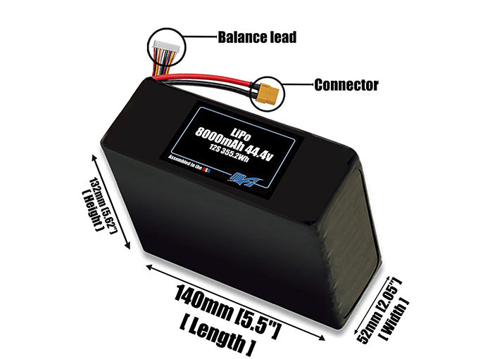 Size reference photo of the 8000mAh lite 44.4V LiPo pack showing 140 mm by 52 mm by 132 mm dimensions ideal for drones or robotic systems where space matters.