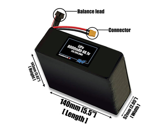Size reference photo of the 8000mAh lite 48.1V LiPo pack showing 140 mm by 52 mm by 143 mm dimensions ideal for drones or robotic systems where space matters.