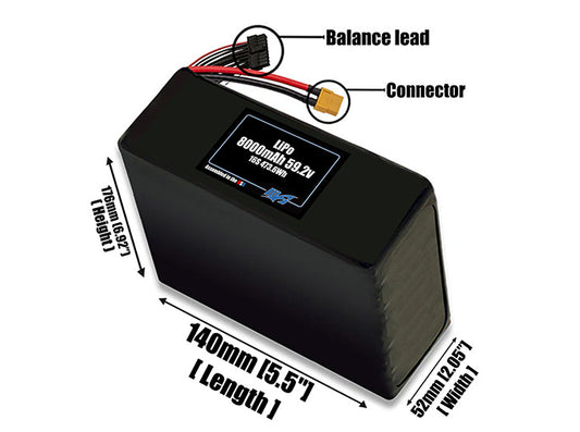 Size reference photo of the 8000mAh lite 59.2V LiPo pack showing 140 mm by 52 mm by 176 mm dimensions ideal for drones or robotic systems where space matters.