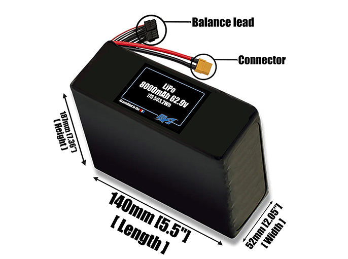 Size reference photo of the 8000mAh lite 62.9V LiPo pack showing 140 mm by 52 mm by 187 mm dimensions ideal for drones or robotic systems where space matters.