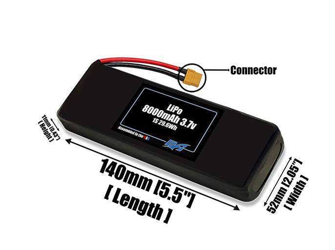 Size reference photo of the 8000mAh lite 3.7V LiPo pack showing 140 mm by 52 mm by 11 mm dimensions ideal for drones or robotic systems where space matters.
