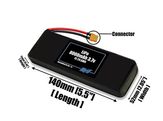 Size reference photo of the 8000mAh lite 3.7V LiPo pack showing 140 mm by 52 mm by 11 mm dimensions ideal for drones or robotic systems where space matters.