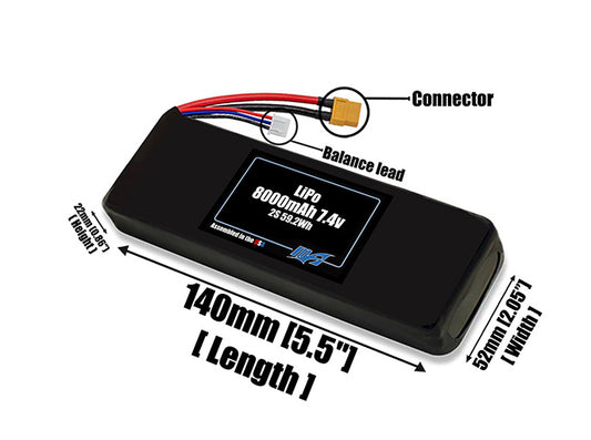 Size reference photo of the 8000mAh lite 7.4V LiPo pack showing 140 mm by 52 mm by 22 mm dimensions ideal for drones or robotic systems where space matters.