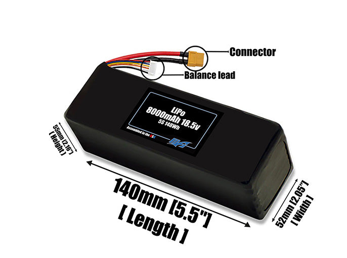 Size reference photo of the 8000mAh lite 18.5V LiPo pack showing 140 mm by 52 mm by 55 mm dimensions ideal for drones or robotic systems where space matters.