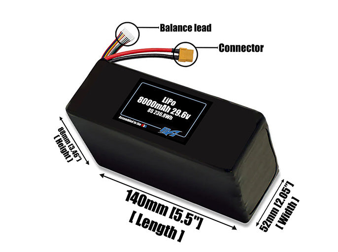 Size reference photo of the 8000mAh lite 29.6V LiPo pack showing 140 mm by 52 mm by 88 mm dimensions ideal for drones or robotic systems where space matters.