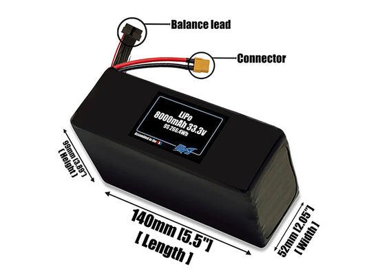 Size reference photo of the 8000mAh lite 33.3V LiPo pack showing 140 mm by 52 mm by 99 mm dimensions ideal for drones or robotic systems where space matters.
