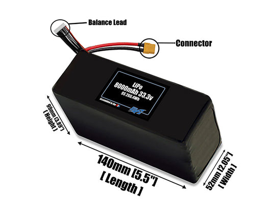 Size reference photo of the 8000mAh lite 33.3V LiPo pack showing 140 mm by 52 mm by 99 mm dimensions ideal for drones or robotic systems where space matters.