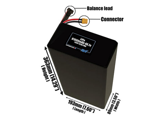 Size reference photo of the 81000mAh 40.7V LiPo pack showing 193 mm by 89 mm by 363 mm dimensions ideal for drones or large robotic systems where space matters.