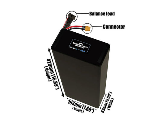 Size reference photo of the 81000mAh 48.1V LiPo pack showing 193 mm by 89 mm by 429 mm dimensions ideal for drones or large robotic systems where space matters.