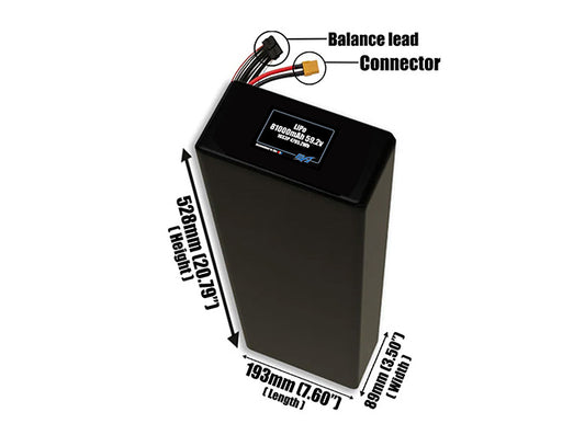 Size reference photo of the 81000mAh 59.2V LiPo pack showing 193 mm by 89 mm by 528 mm dimensions ideal for drones or large robotic systems where space matters.